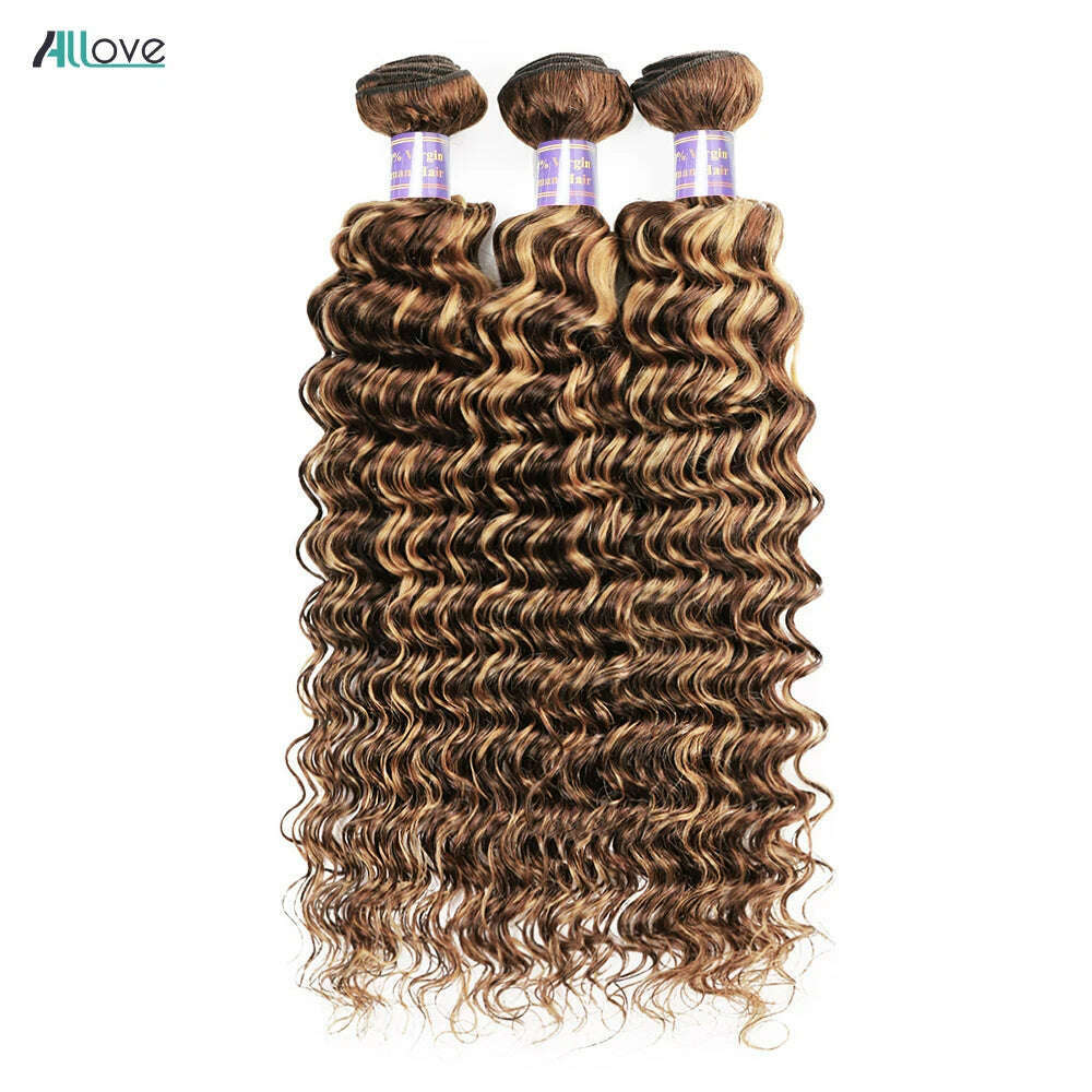 Allove Highlight Bundles With Closure Deep Wave Human Hair Bundles With 4x4 Transparent Lace Closure Ombre Honey Brown Remy Hair - KIMLUD