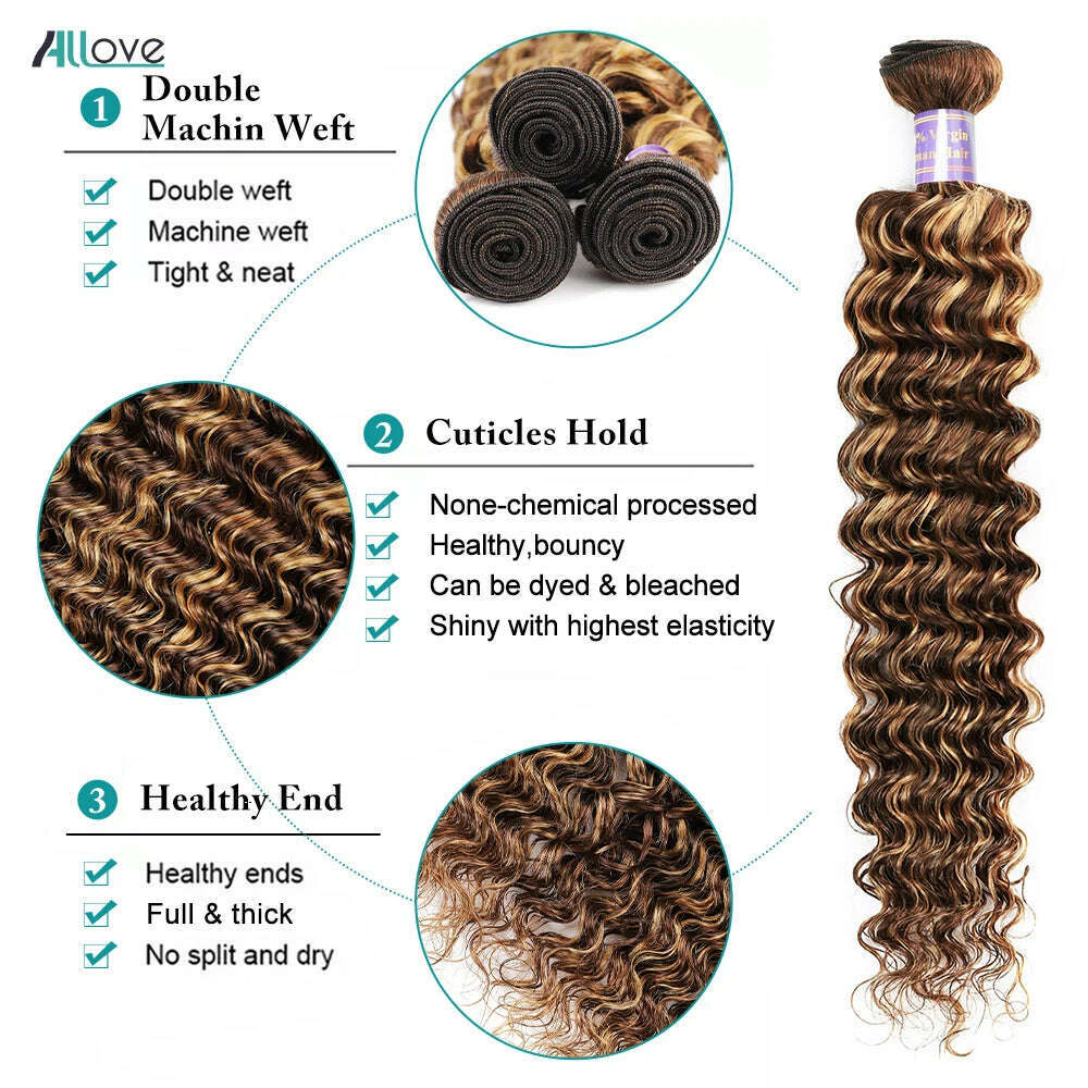 Allove Highlight Bundles With Closure Deep Wave Human Hair Bundles With 4x4 Transparent Lace Closure Ombre Honey Brown Remy Hair - KIMLUD