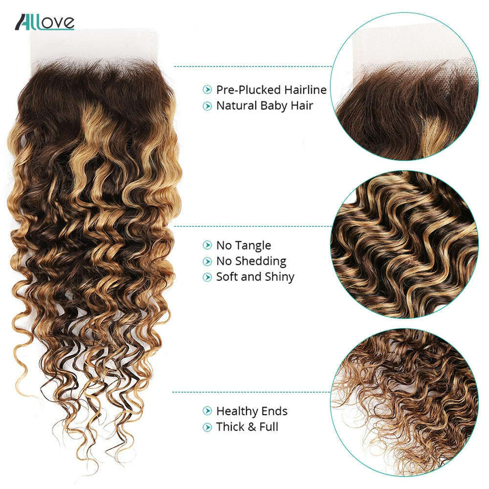 Allove Highlight Bundles With Closure Deep Wave Human Hair Bundles With 4x4 Transparent Lace Closure Ombre Honey Brown Remy Hair - KIMLUD