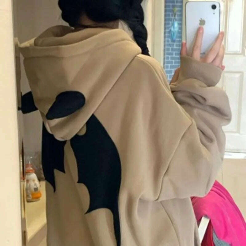 American Retro Little Devil Embroidered Zipper Hoodie Women Y2K Street Fashion Trend Joker Sweatshirt Couple Casual Loose Hoodie - KIMLUD