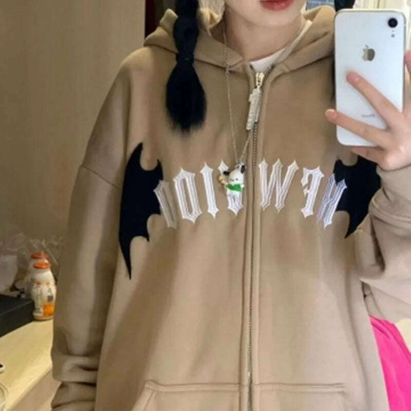 American Retro Little Devil Embroidered Zipper Hoodie Women Y2K Street Fashion Trend Joker Sweatshirt Couple Casual Loose Hoodie - KIMLUD
