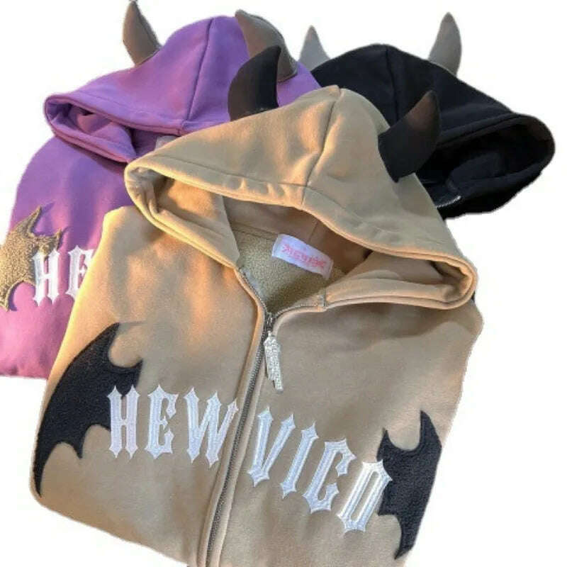 American Retro Little Devil Embroidered Zipper Hoodie Women Y2K Street Fashion Trend Joker Sweatshirt Couple Casual Loose Hoodie - KIMLUD