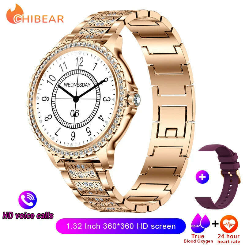 KIMLUD, AMOLED Screen Smart Watch Heart Rate Blood Oxygen Fashion Ladies Bracelet 2023 Bluetooth Call Smartwatch Womoen For Android IOS, Golden steel belt, KIMLUD Womens Clothes