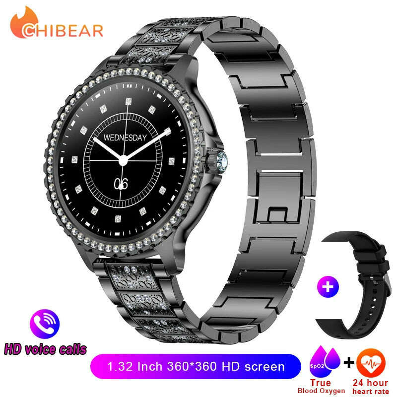 KIMLUD, AMOLED Screen Smart Watch Heart Rate Blood Oxygen Fashion Ladies Bracelet 2023 Bluetooth Call Smartwatch Womoen For Android IOS, Black steel belt, KIMLUD Womens Clothes
