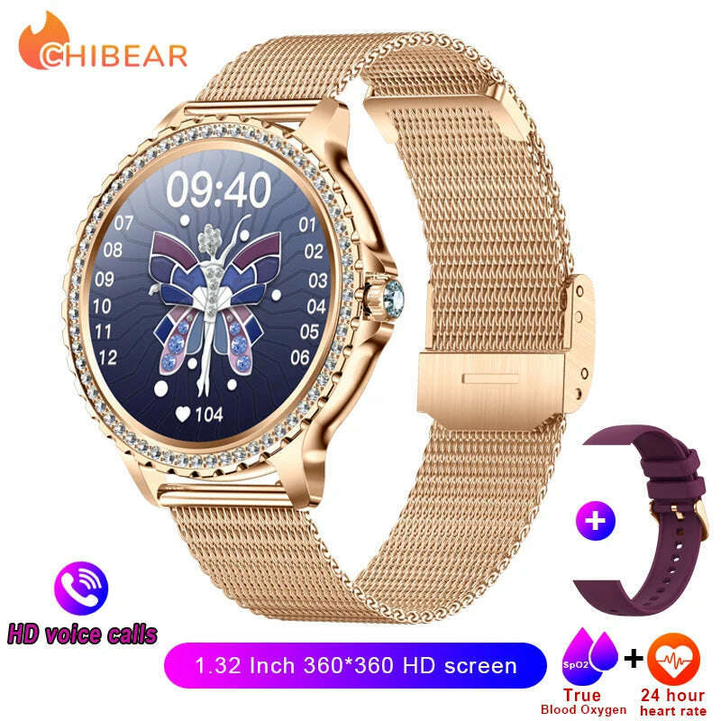 KIMLUD, AMOLED Screen Smart Watch Heart Rate Blood Oxygen Fashion Ladies Bracelet 2023 Bluetooth Call Smartwatch Womoen For Android IOS, Golden mesh, KIMLUD Womens Clothes