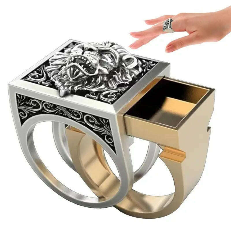 KIMLUD, Amulet Ring Lion Signet Rings Fashion Male Punk Jewelry Double Layer Engraved With Mini Storage Box Design Anniversary Ring For, GERMANY, KIMLUD Womens Clothes