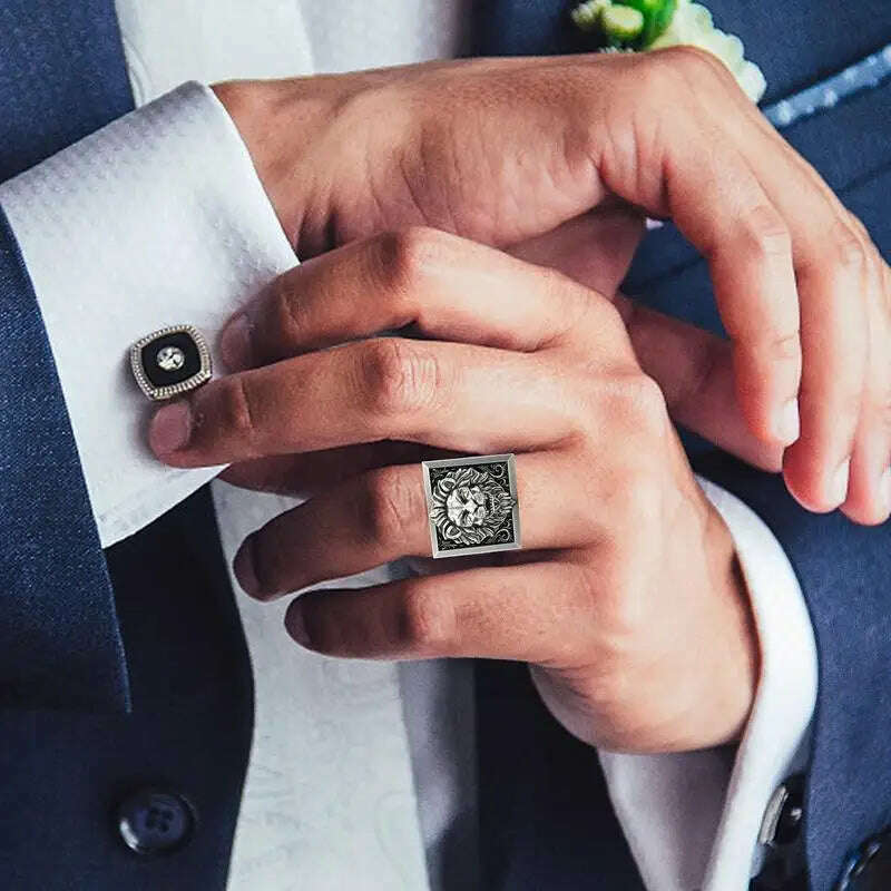 KIMLUD, Amulet Ring Lion Signet Rings Fashion Male Punk Jewelry Double Layer Engraved With Mini Storage Box Design Anniversary Ring For, KIMLUD Womens Clothes