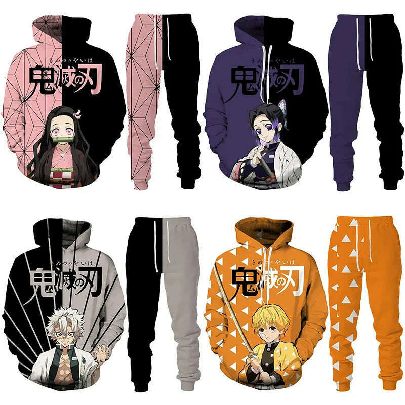 Anime Demon Slayer Hoodies 3D Printed Cosplay pants+Hoodie 2PCS Set Tracksuit Men Oversize Vintage Streetwear Hoodie Pants Sets - KIMLUD