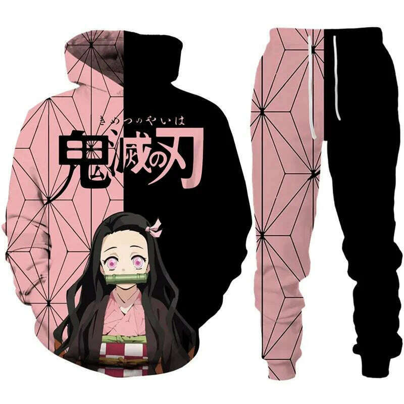 Anime Demon Slayer Hoodies 3D Printed Cosplay pants+Hoodie 2PCS Set Tracksuit Men Oversize Vintage Streetwear Hoodie Pants Sets - KIMLUD