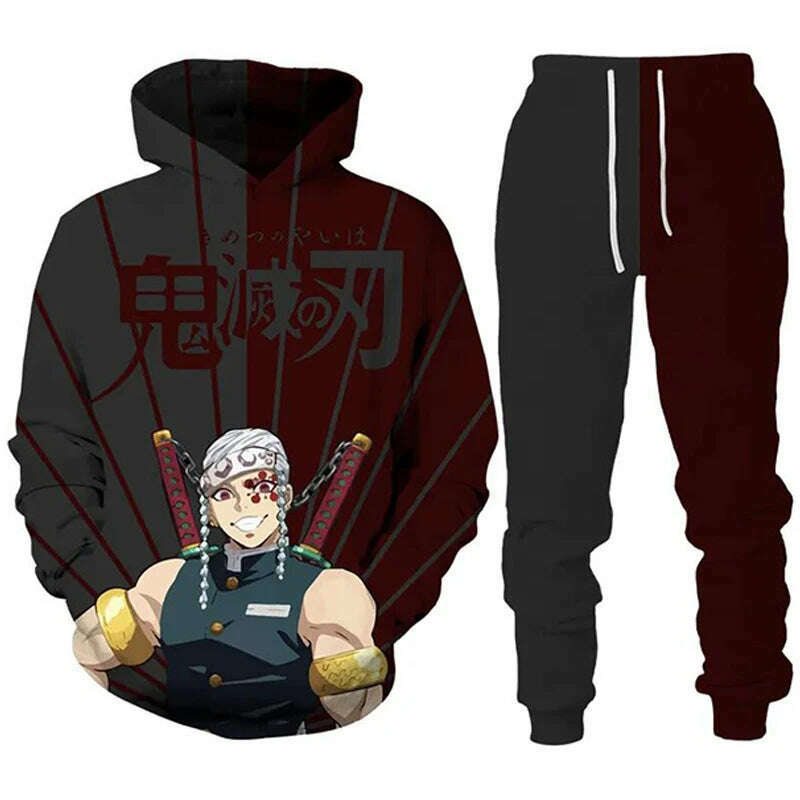 Anime Demon Slayer Hoodies 3D Printed Cosplay pants+Hoodie 2PCS Set Tracksuit Men Oversize Vintage Streetwear Hoodie Pants Sets - KIMLUD