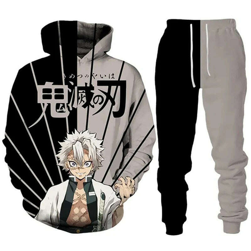 Anime Demon Slayer Hoodies 3D Printed Cosplay pants+Hoodie 2PCS Set Tracksuit Men Oversize Vintage Streetwear Hoodie Pants Sets - KIMLUD