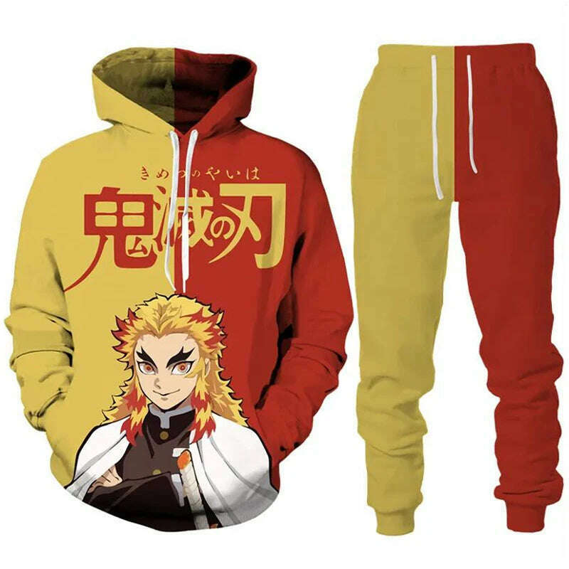 Anime Demon Slayer Hoodies 3D Printed Cosplay pants+Hoodie 2PCS Set Tracksuit Men Oversize Vintage Streetwear Hoodie Pants Sets - KIMLUD