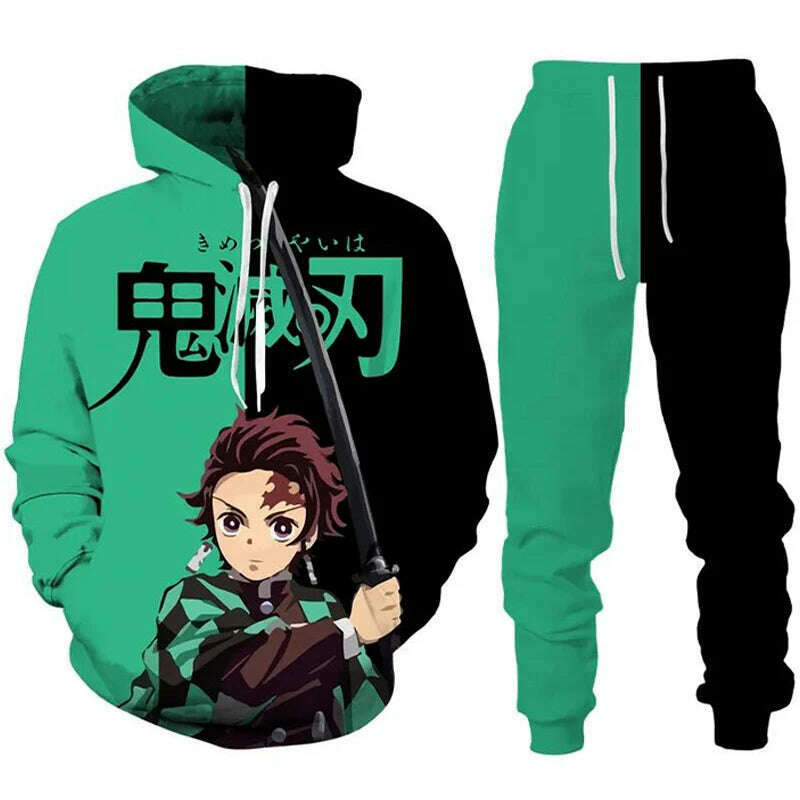 Anime Demon Slayer Hoodies 3D Printed Cosplay pants+Hoodie 2PCS Set Tracksuit Men Oversize Vintage Streetwear Hoodie Pants Sets - KIMLUD