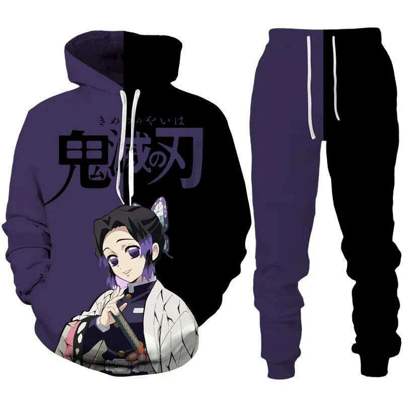 Anime Demon Slayer Hoodies 3D Printed Cosplay pants+Hoodie 2PCS Set Tracksuit Men Oversize Vintage Streetwear Hoodie Pants Sets - KIMLUD
