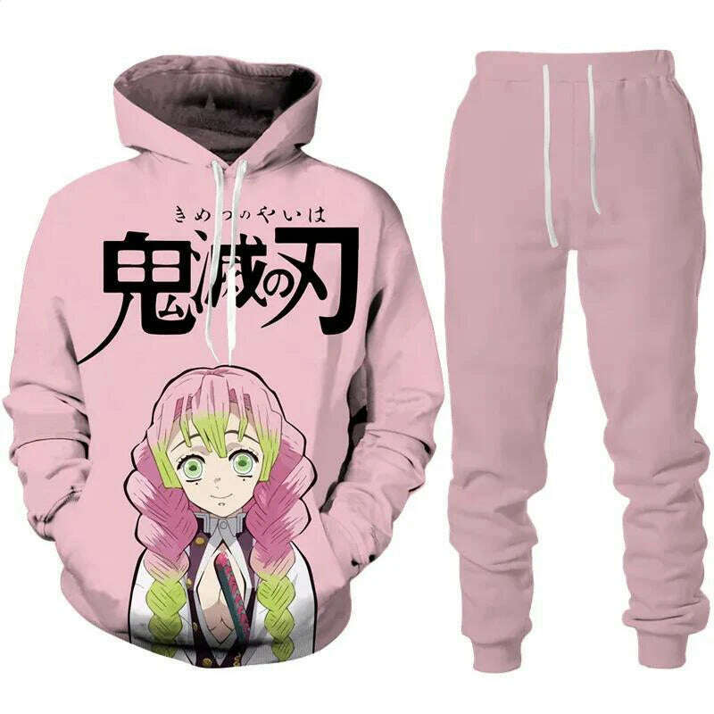 Anime Demon Slayer Hoodies 3D Printed Cosplay pants+Hoodie 2PCS Set Tracksuit Men Oversize Vintage Streetwear Hoodie Pants Sets - KIMLUD