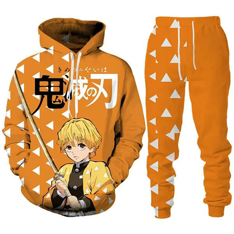 Anime Demon Slayer Hoodies 3D Printed Cosplay pants+Hoodie 2PCS Set Tracksuit Men Oversize Vintage Streetwear Hoodie Pants Sets - KIMLUD