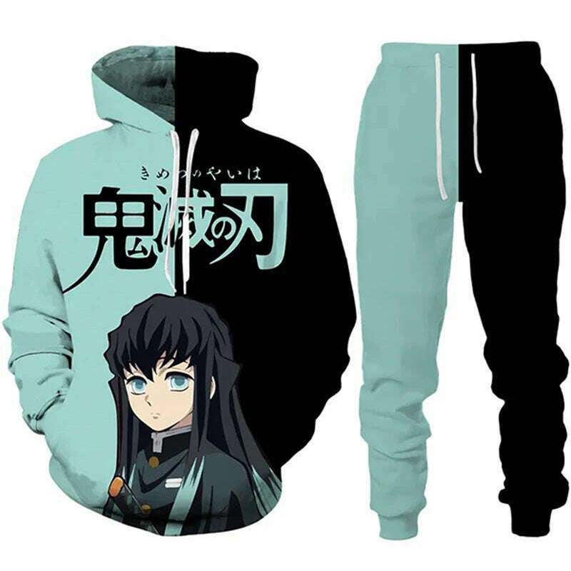 Anime Demon Slayer Hoodies 3D Printed Cosplay pants+Hoodie 2PCS Set Tracksuit Men Oversize Vintage Streetwear Hoodie Pants Sets - KIMLUD