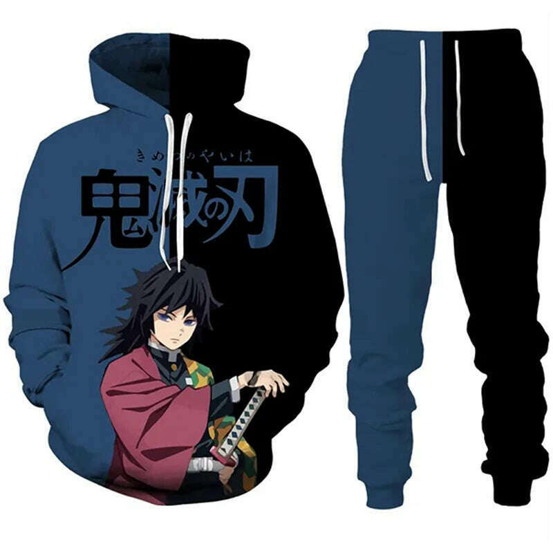 Anime Demon Slayer Hoodies 3D Printed Cosplay pants+Hoodie 2PCS Set Tracksuit Men Oversize Vintage Streetwear Hoodie Pants Sets - KIMLUD