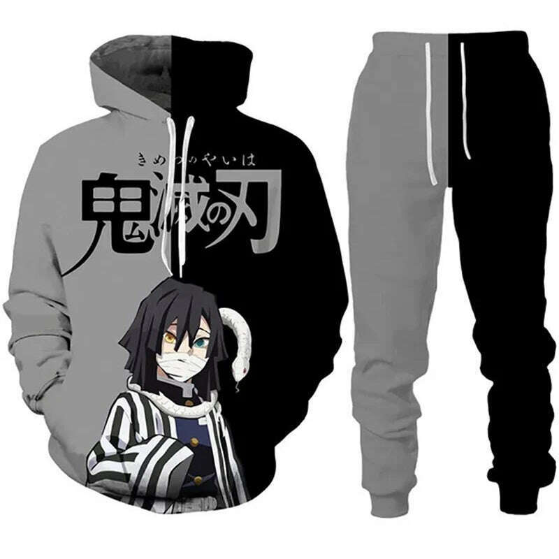 Anime Demon Slayer Hoodies 3D Printed Cosplay pants+Hoodie 2PCS Set Tracksuit Men Oversize Vintage Streetwear Hoodie Pants Sets - KIMLUD