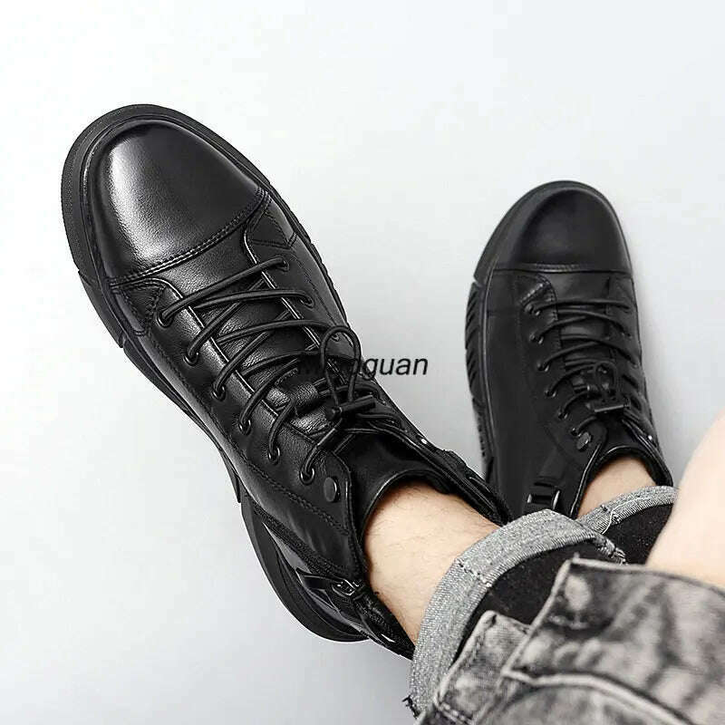 KIMLUD, Ankle Boots Black PU Leather Men's Sports Shoes Autumn Winter Comfortable High-top Casual Fashion Platform Boots Man Round Head, KIMLUD Womens Clothes