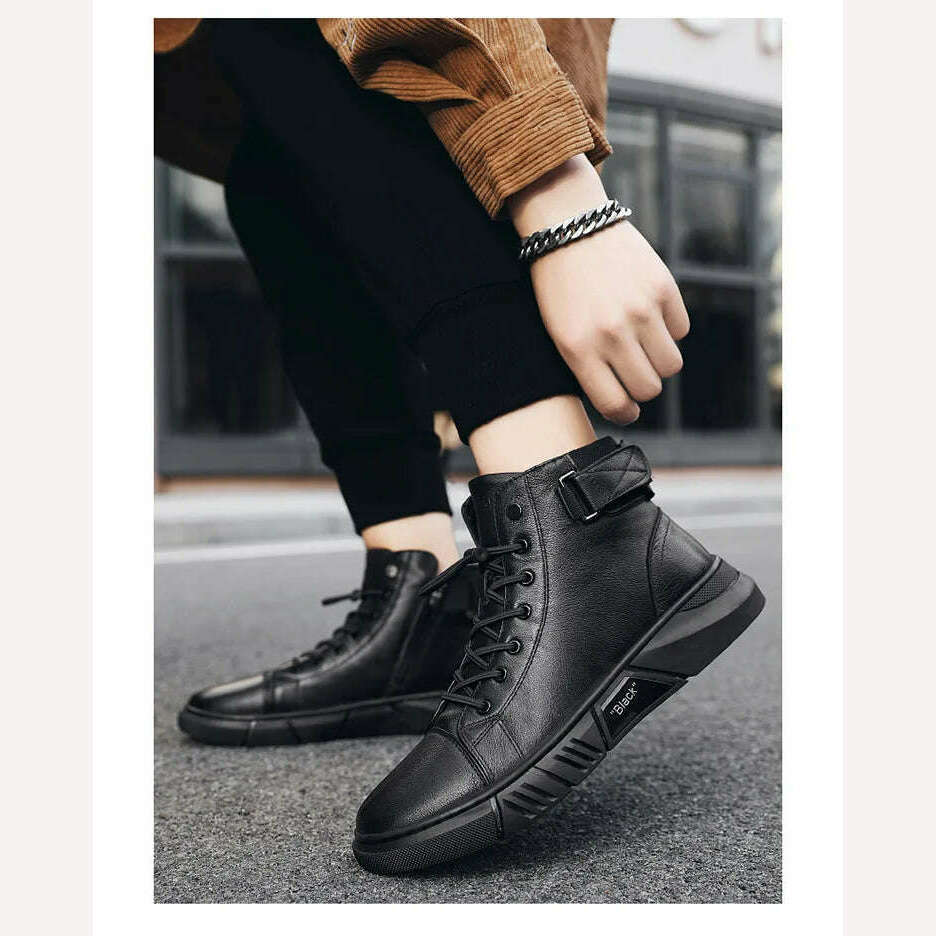 KIMLUD, Ankle Boots Black PU Leather Men's Sports Shoes Autumn Winter Comfortable High-top Casual Fashion Platform Boots Man Round Head, KIMLUD Womens Clothes