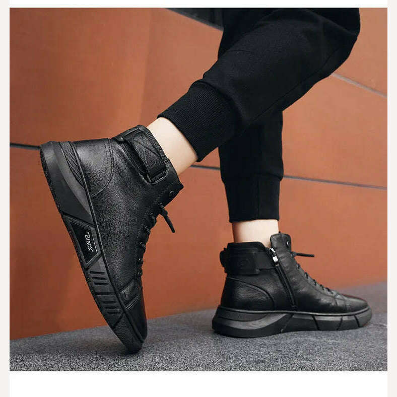 KIMLUD, Ankle Boots Black PU Leather Men's Sports Shoes Autumn Winter Comfortable High-top Casual Fashion Platform Boots Man Round Head, KIMLUD Womens Clothes