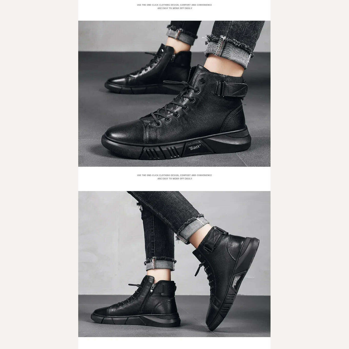 KIMLUD, Ankle Boots Black PU Leather Men's Sports Shoes Autumn Winter Comfortable High-top Casual Fashion Platform Boots Man Round Head, KIMLUD Womens Clothes