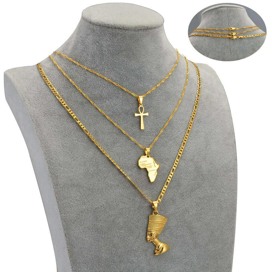 Anniyo 3pcs Necklaces Together Ankh Nefertiti Africa Map Pendant Gold/Silver Color Birthday Party Ethnic Jewelry Women #244606 - KIMLUD