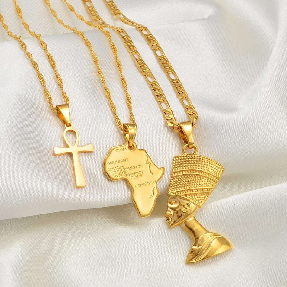 Anniyo 3pcs Necklaces Together Ankh Nefertiti Africa Map Pendant Gold/Silver Color Birthday Party Ethnic Jewelry Women #244606 - KIMLUD