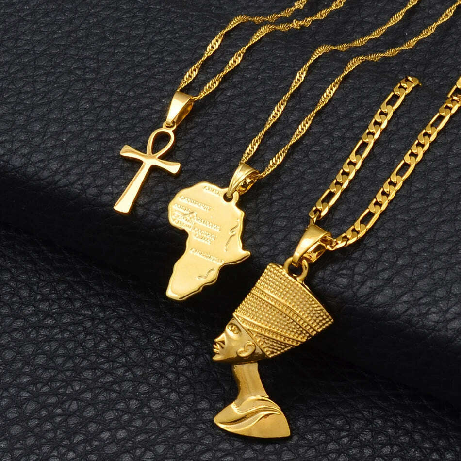 Anniyo 3pcs Necklaces Together Ankh Nefertiti Africa Map Pendant Gold/Silver Color Birthday Party Ethnic Jewelry Women #244606 - KIMLUD