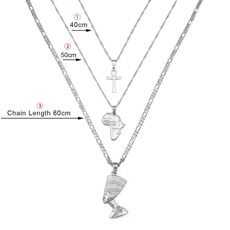 Anniyo 3pcs Necklaces Together Ankh Nefertiti Africa Map Pendant Gold/Silver Color Birthday Party Ethnic Jewelry Women #244606 - KIMLUD