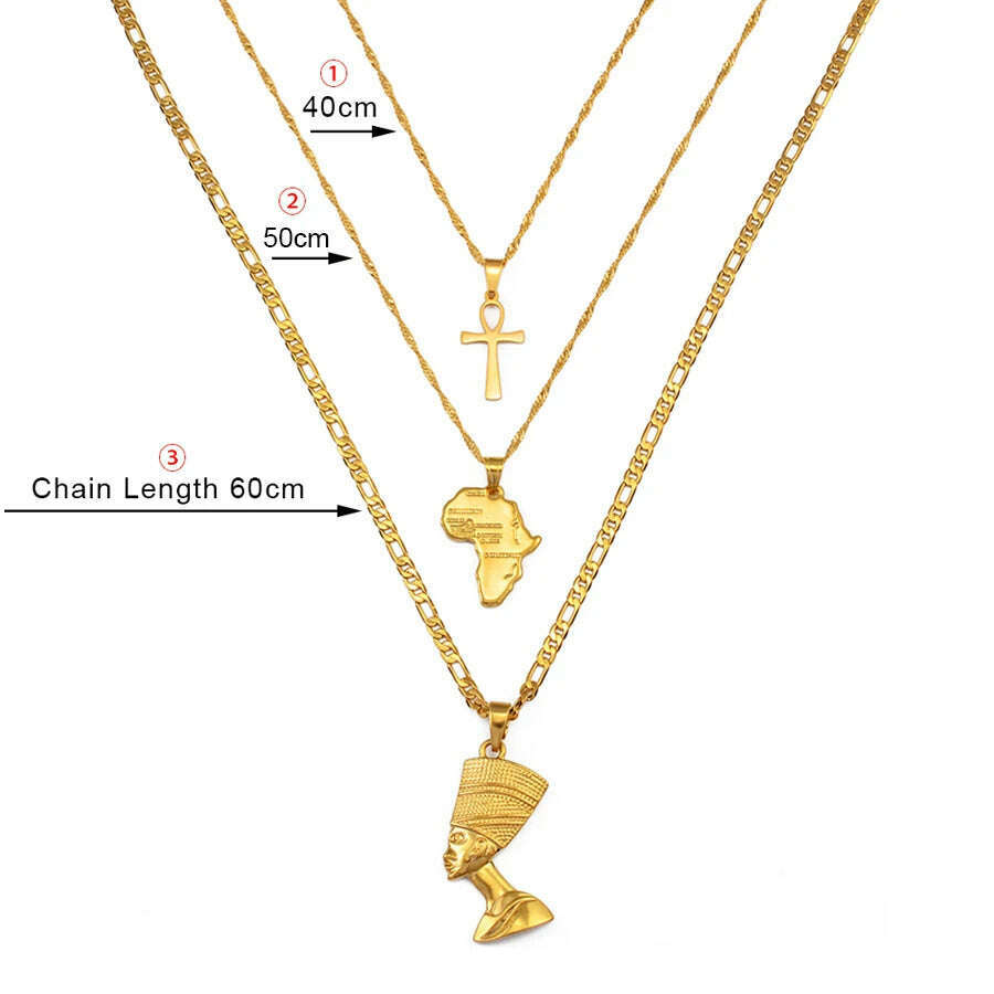 Anniyo 3pcs Necklaces Together Ankh Nefertiti Africa Map Pendant Gold/Silver Color Birthday Party Ethnic Jewelry Women #244606 - KIMLUD