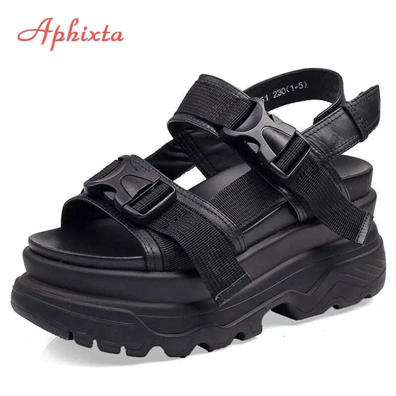 KIMLUD, Aphixta 8cm Platform Sandals Women Wedge High Heels Shoes Women Buckle Leather Canvas Summer Zapatos Mujer Wedges Woman Sandal, KIMLUD Women's Clothes