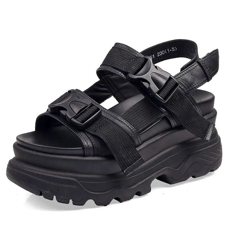 KIMLUD, Canvas Platform Sandals 8cm Wedge Buckle — Black | KIMLUD, KIMLUD Womens Clothes