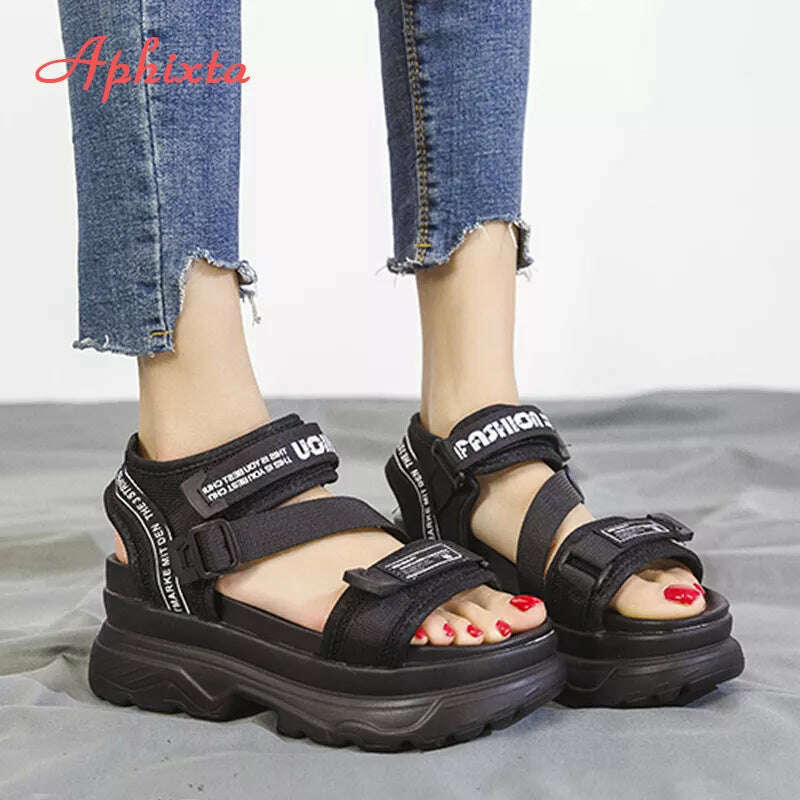 KIMLUD, Aphixta 8cm Platform Sandals Women Wedge High Heels Shoes Women Buckle Leather Canvas Summer Zapatos Mujer Wedges Woman Sandal, Black-Letter / 5 / China, KIMLUD Womens Clothes