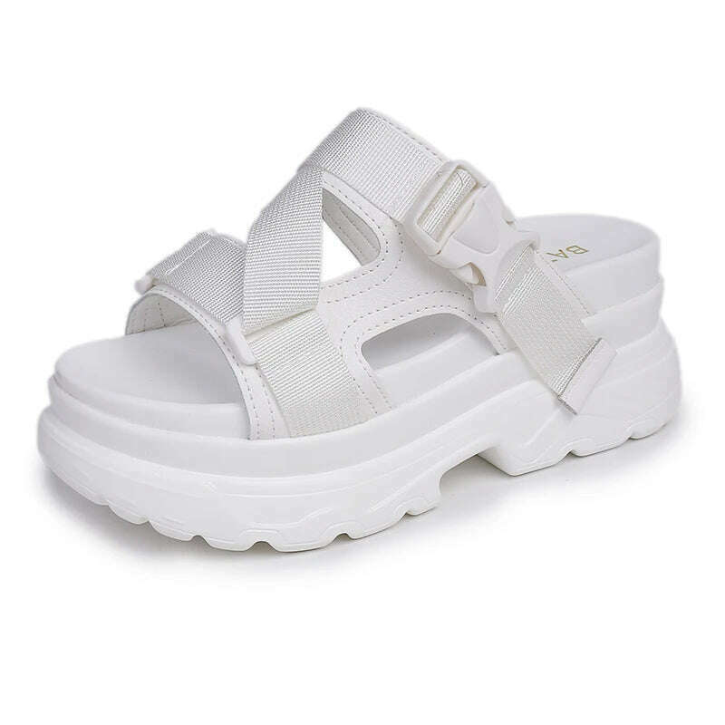 KIMLUD, Aphixta 8cm Platform Sandals Women Wedge High Heels Shoes Women Buckle Leather Canvas Summer Zapatos Mujer Wedges Woman Sandal, White-Slipper / 4 / China, KIMLUD Womens Clothes