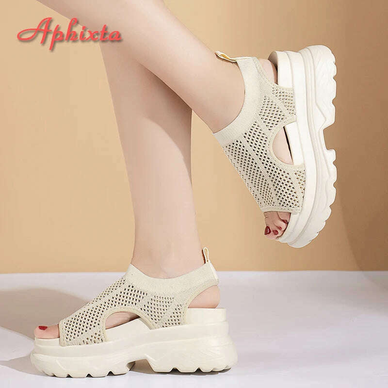 KIMLUD, Aphixta 8cm Platform Sandals Women Wedge High Heels Shoes Women Buckle Leather Canvas Summer Zapatos Mujer Wedges Woman Sandal, Beige-Air Mesh / 4 / China, KIMLUD Womens Clothes