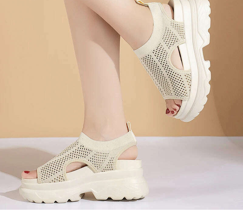 KIMLUD, Canvas Platform Sandals 8cm Wedge Buckle — Black | KIMLUD, KIMLUD Womens Clothes