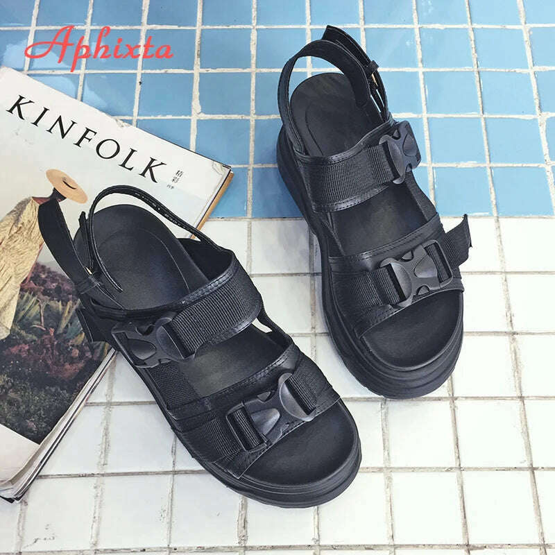 KIMLUD, Aphixta 8cm Platform Sandals Women Wedge High Heels Shoes Women Buckle Leather Canvas Summer Zapatos Mujer Wedges Woman Sandal, KIMLUD Womens Clothes