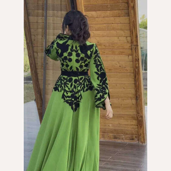 KIMLUD, Arab Muslim Dress Spring New Embroidery V-Neck Moroccan Kaftan Women Fashion New Slim Ramadan Festival Party Green Robe Clothing, KIMLUD Womens Clothes
