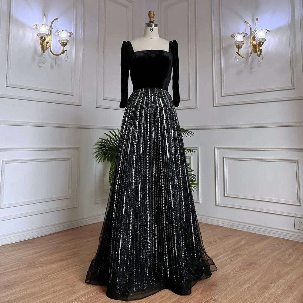 KIMLUD, Arabic Black A Line Off Shoulder Shiny Beaded Luxury Evening Dresses Gowns For Women Wedding Party 2023 BLA71826A Serene Hill, KIMLUD Womens Clothes