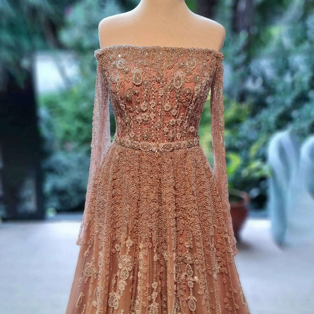 KIMLUD, Arabic Nude Sexy Boat Neck A Line Beaded Long Evening Dresses Gowns For Women Wedding Party Plus Size 2023 BLA71803B Serene Hill, KIMLUD Womens Clothes