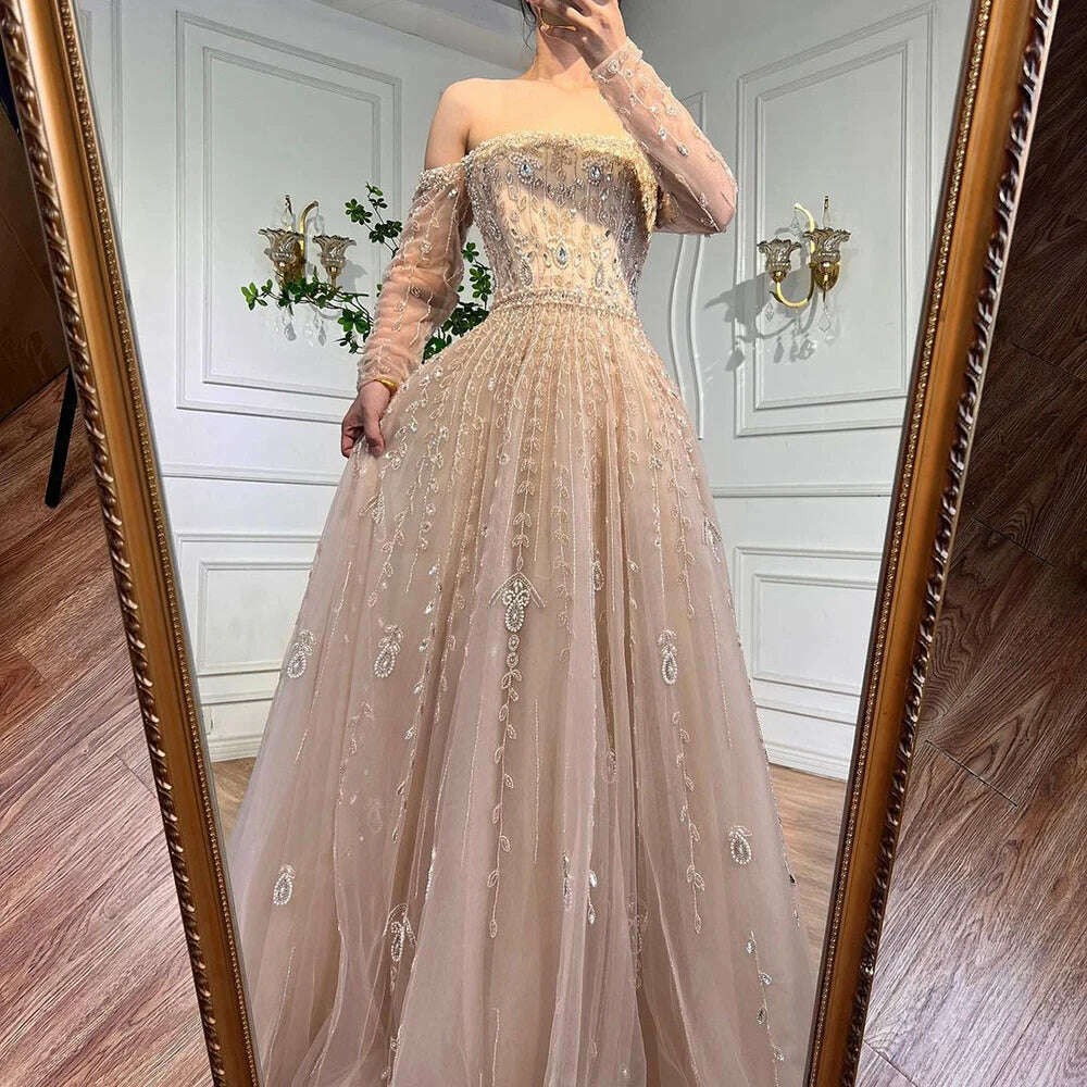KIMLUD, Arabic Nude Sexy Boat Neck A Line Beaded Long Evening Dresses Gowns For Women Wedding Party Plus Size 2023 BLA71803B Serene Hill, KIMLUD Womens Clothes