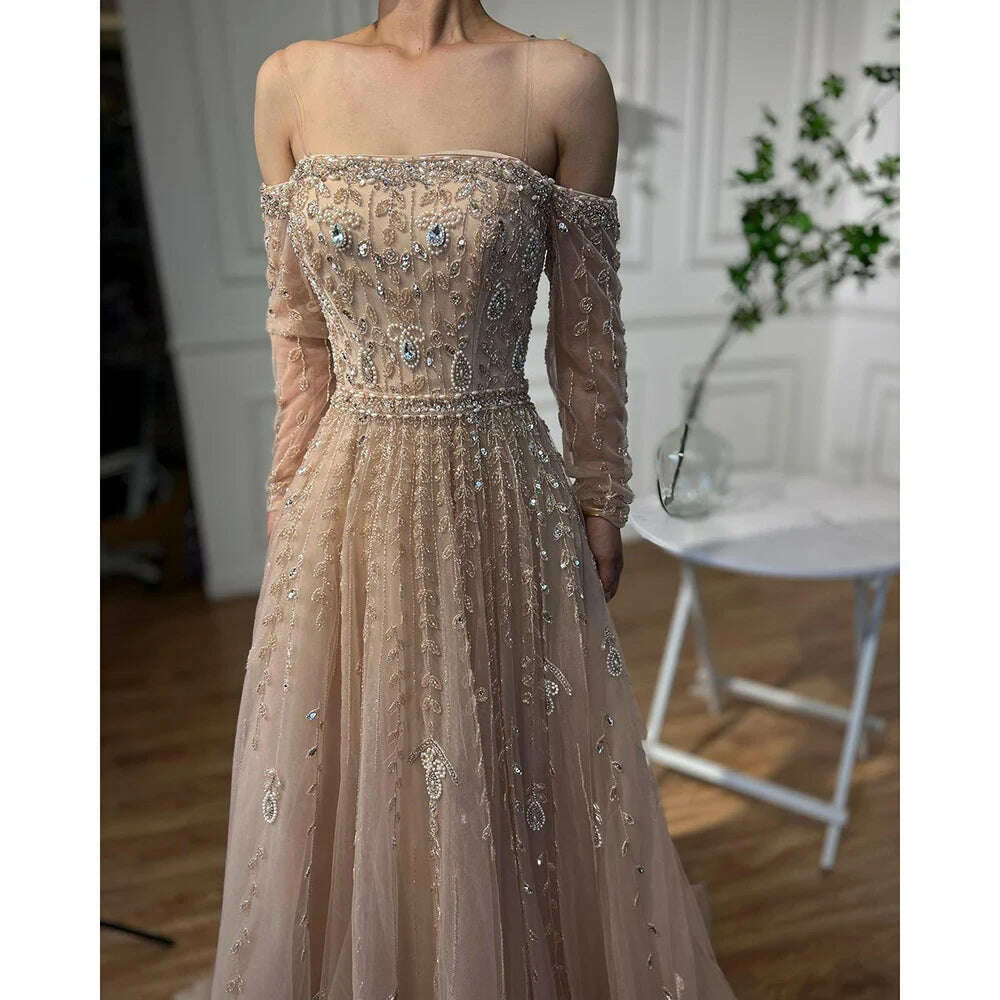 KIMLUD, Arabic Nude Sexy Boat Neck A Line Beaded Long Evening Dresses Gowns For Women Wedding Party Plus Size 2023 BLA71803B Serene Hill, KIMLUD Womens Clothes