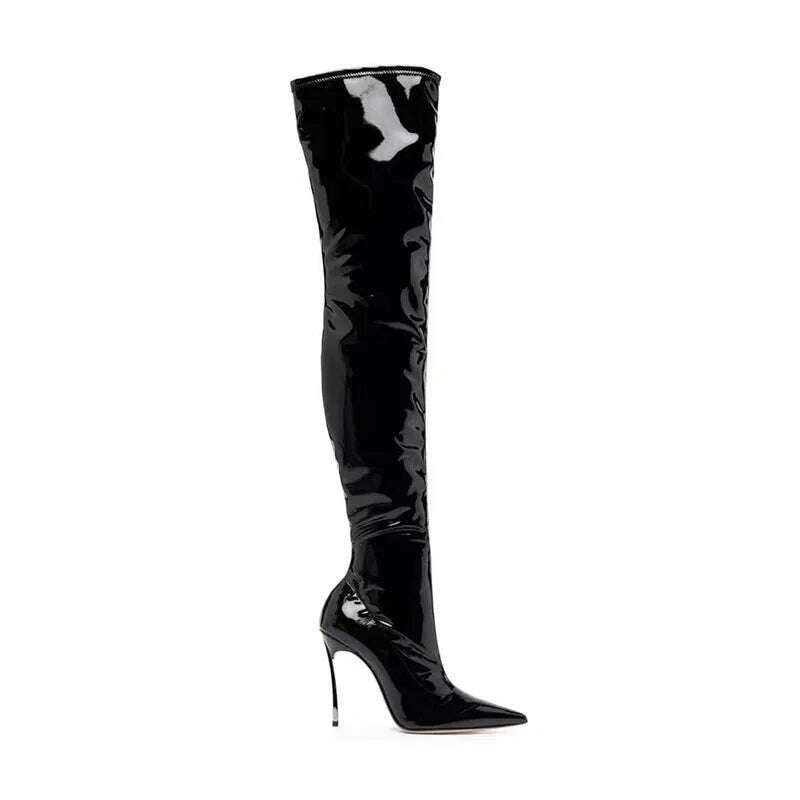 KIMLUD, Arden Furtado 2024 black over the knee boots for women Shiny Leather stiletto heels Sexy Pointed toe fall boots for women 2024, KIMLUD Womens Clothes