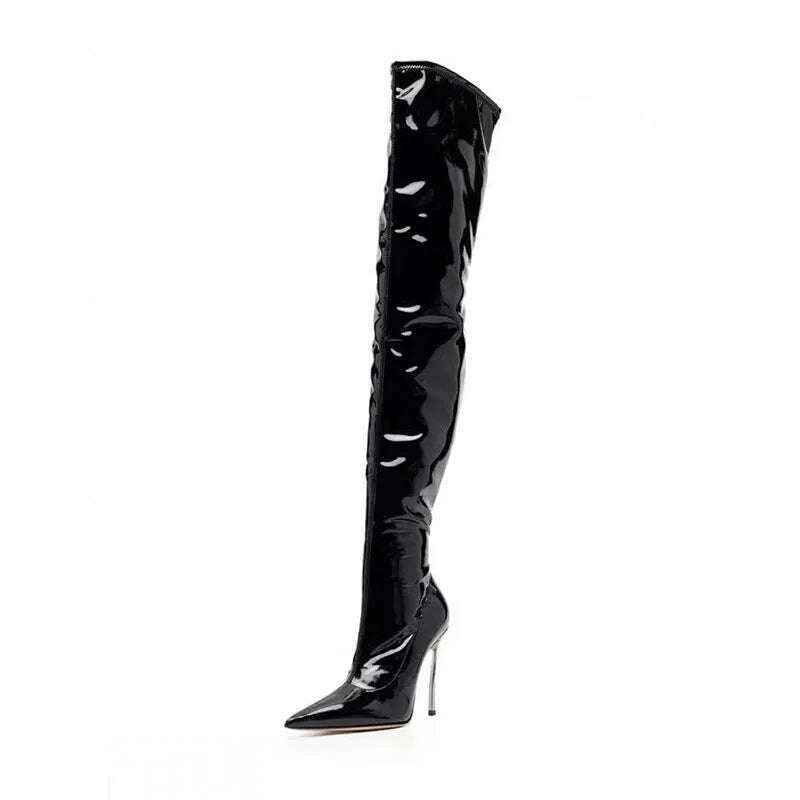 KIMLUD, Arden Furtado 2024 black over the knee boots for women Shiny Leather stiletto heels Sexy Pointed toe fall boots for women 2024, KIMLUD Womens Clothes