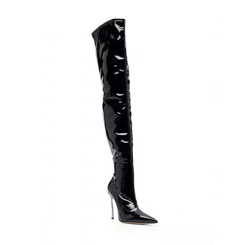KIMLUD, Arden Furtado 2024 black over the knee boots for women Shiny Leather stiletto heels Sexy Pointed toe fall boots for women 2024, KIMLUD Womens Clothes
