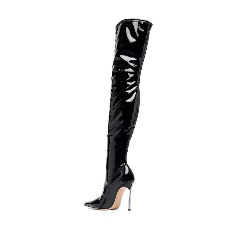KIMLUD, Arden Furtado 2024 black over the knee boots for women Shiny Leather stiletto heels Sexy Pointed toe fall boots for women 2024, KIMLUD Womens Clothes