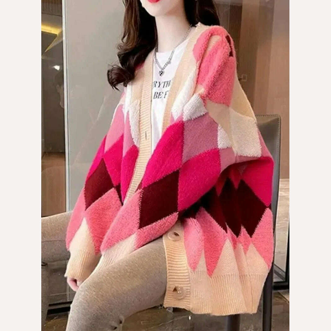 KIMLUD, Argyle Cardigan Women Knitted Sweater Loose Single Breasted Students V-neck Lovely Knitwear Korean Oversize Cardigan Winter Tops, KIMLUD Womens Clothes