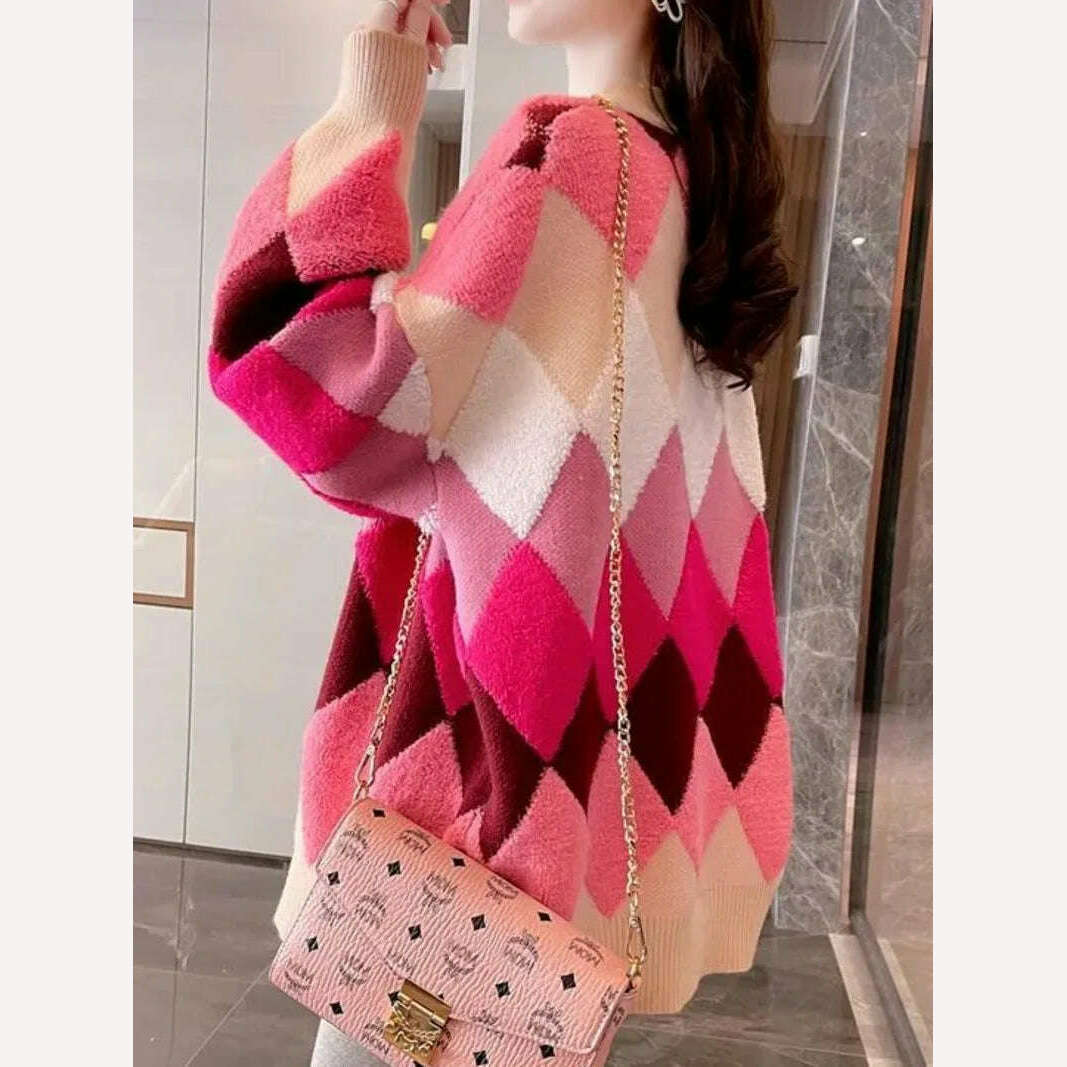 KIMLUD, Argyle Cardigan Women Knitted Sweater Loose Single Breasted Students V-neck Lovely Knitwear Korean Oversize Cardigan Winter Tops, KIMLUD Womens Clothes